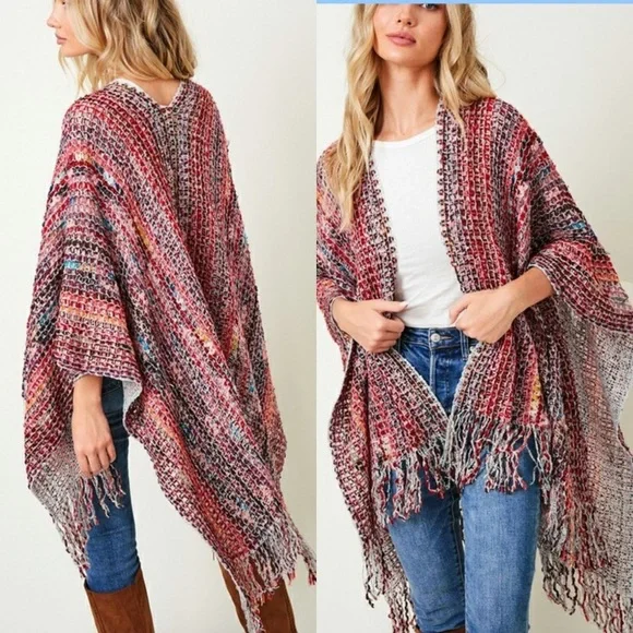NWT Fringed Colorful Knit Shawl/Poncho - Picture 2 of 3